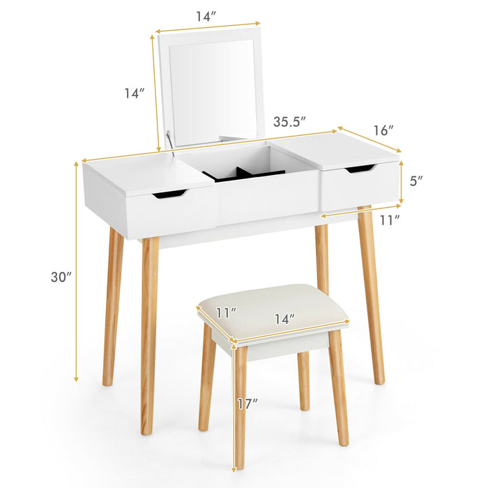 Makeup Vanity Table Set with Flip Top Mirror and 2 Drawers-White