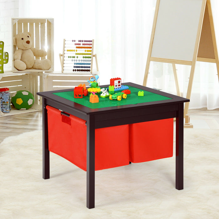 2-in-1 Kids Double-sided Activity Building Block Table with Drawers-Brown