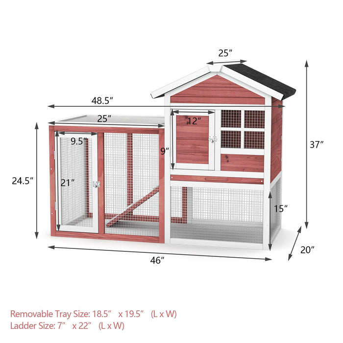 2-Story Wooden Rabbit Hutch with Running Area-White