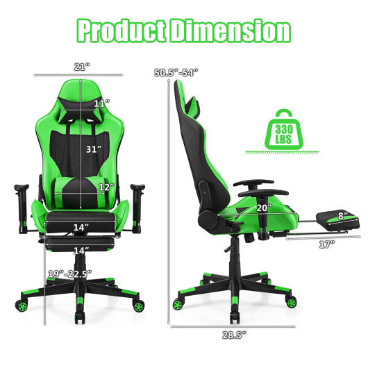 PU Leather Gaming Chair with USB Massage Lumbar Pillow and Footrest -Green