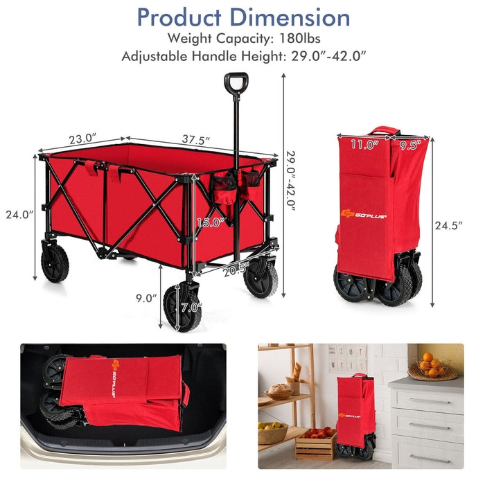 Outdoor Folding Wagon Cart with Adjustable Handle and Universal Wheels-Red