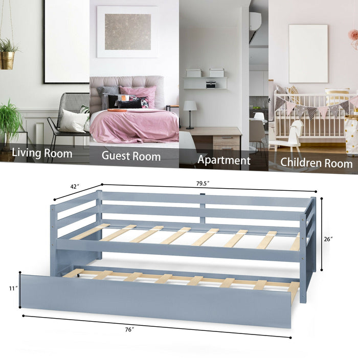 Twin Size Trundle Platform Bed Frame with  Wooden Slat Support-Gray