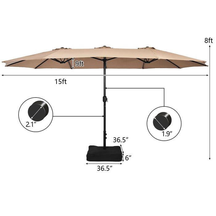 15 Feet Double-Sided Twin Patio Umbrella with Crank and Base-Brown