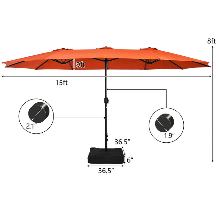 15 Feet Double-Sided Twin Patio Umbrella with Crank and Base-Orange