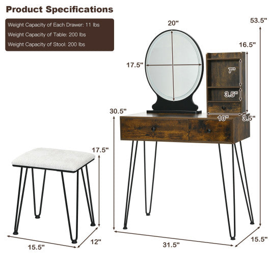 Vanity Table Set with Lighted Mirror and Cushion Stool-Brown