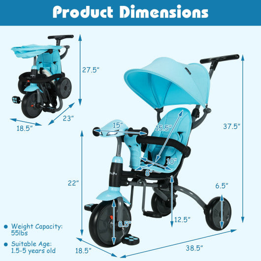 6-in-1 Foldable Baby Tricycle Toddler Stroller with Adjustable Handle-Blue