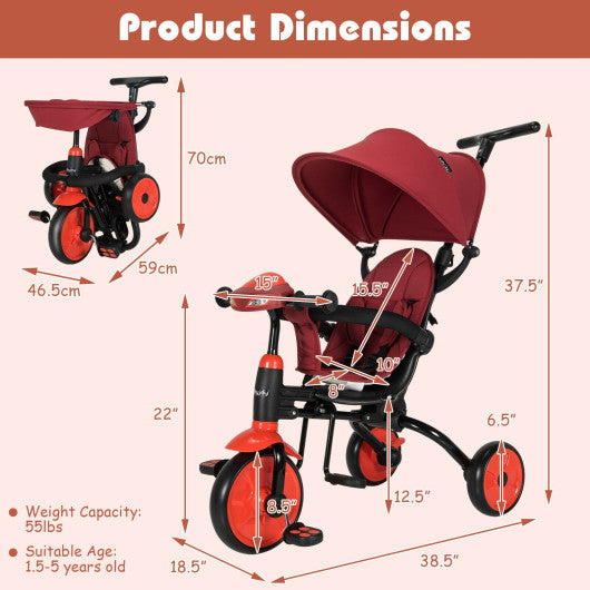 6-in-1 Foldable Baby Tricycle Toddler Stroller with Adjustable Handle-Red