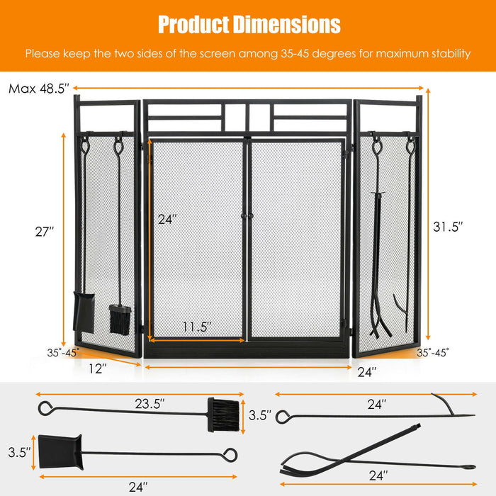 3-Panel Folding Wrought Iron Fireplace Screen with Doors and 4 Pieces Tools Set-Black