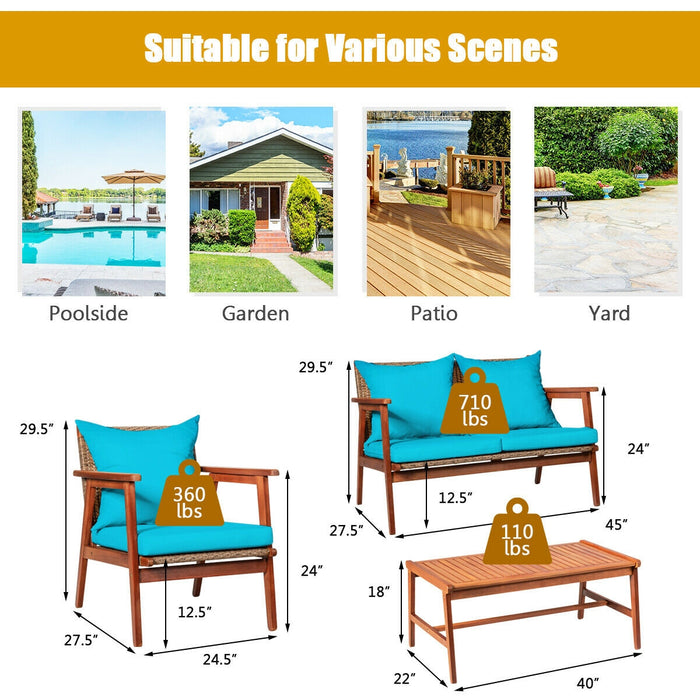 4 Pieces Acacia Wood Patio Rattan Furniture Set-Turquoise