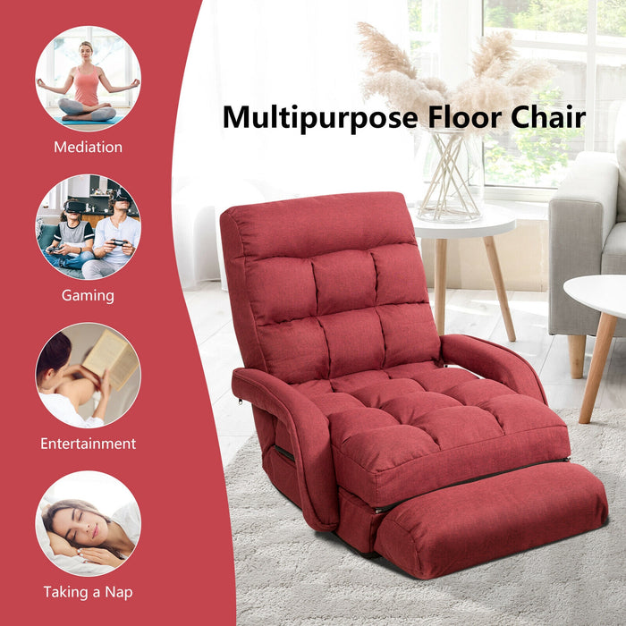 Folding Lazy Floor Chair Sofa with Armrests and Pillow-Red