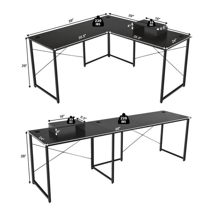 95 Inch 2-Person L-Shaped Long Reversible Computer Desk with Monitor Stand-Black