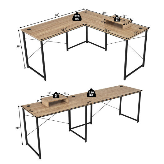 95 Inch 2-Person L-Shaped Long Reversible Computer Desk with Monitor Stand-Natural