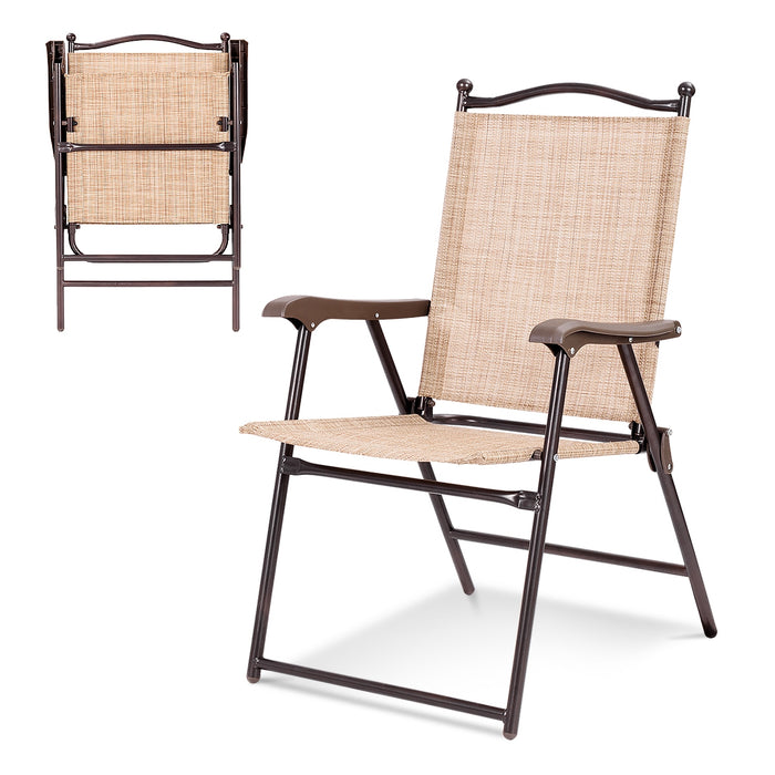 Set of 2 Patio Folding Sling Back Camping Deck Chairs-Beige