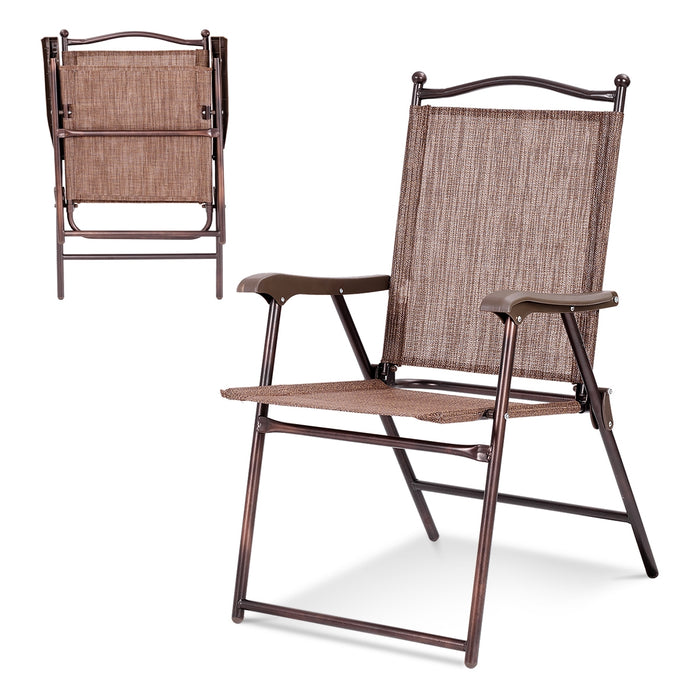 Set of 2 Patio Folding Sling Back Camping Deck Chairs-Brown