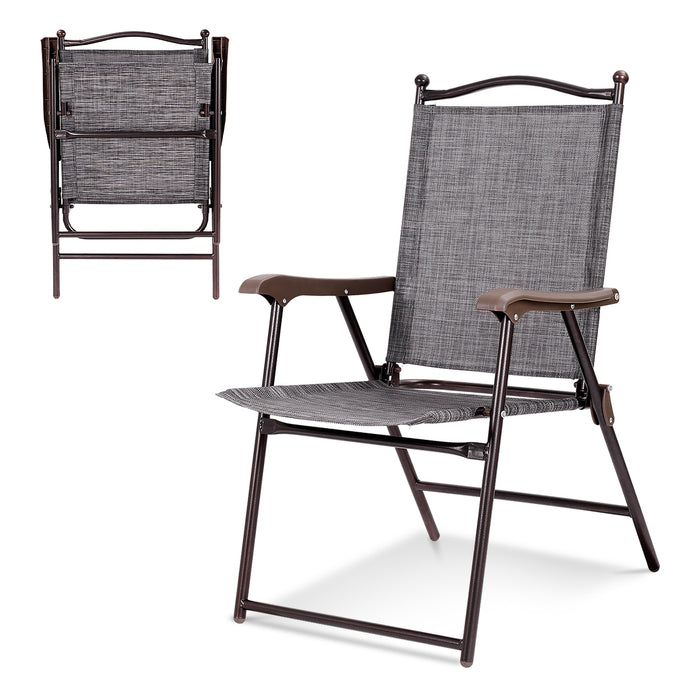 Set of 2 Patio Folding Sling Back Camping Deck Chairs-Gray