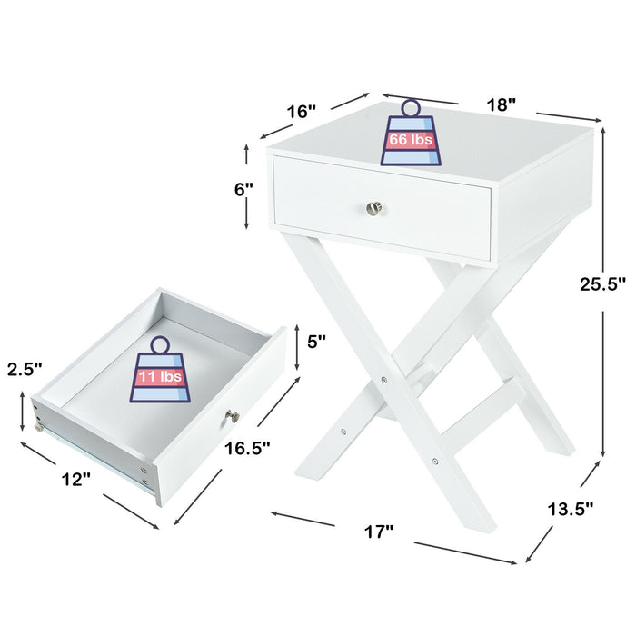 Modern X-Shaped Nightstand with Drawer for Living Room Bedroom-White