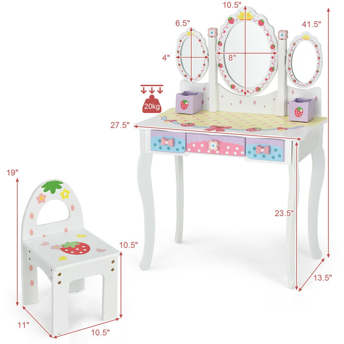 Kids Vanity Princess Makeup Dressing Table Chair Set with Tri-fold Mirror-White