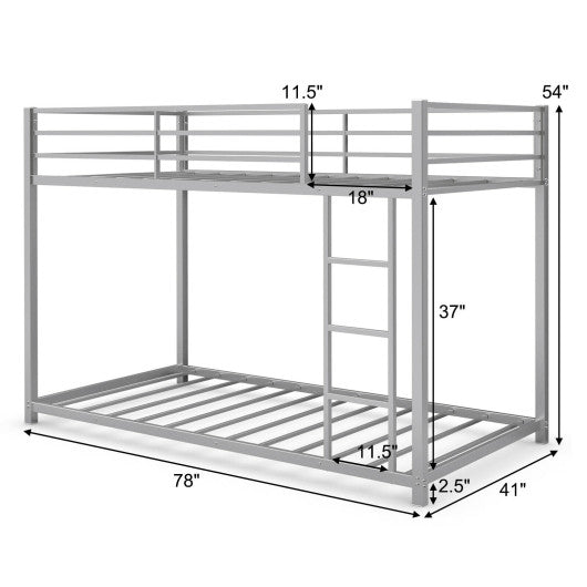 Sturdy Metal Bunk Bed Frame Twin Over Twin with Safety Guard Rails and Side Ladder-Silver