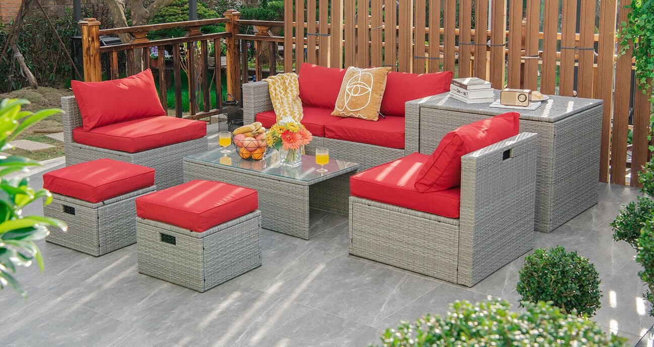 8 Pieces Patio Rattan Furniture Set with Storage Waterproof Cover and Cushion-Red