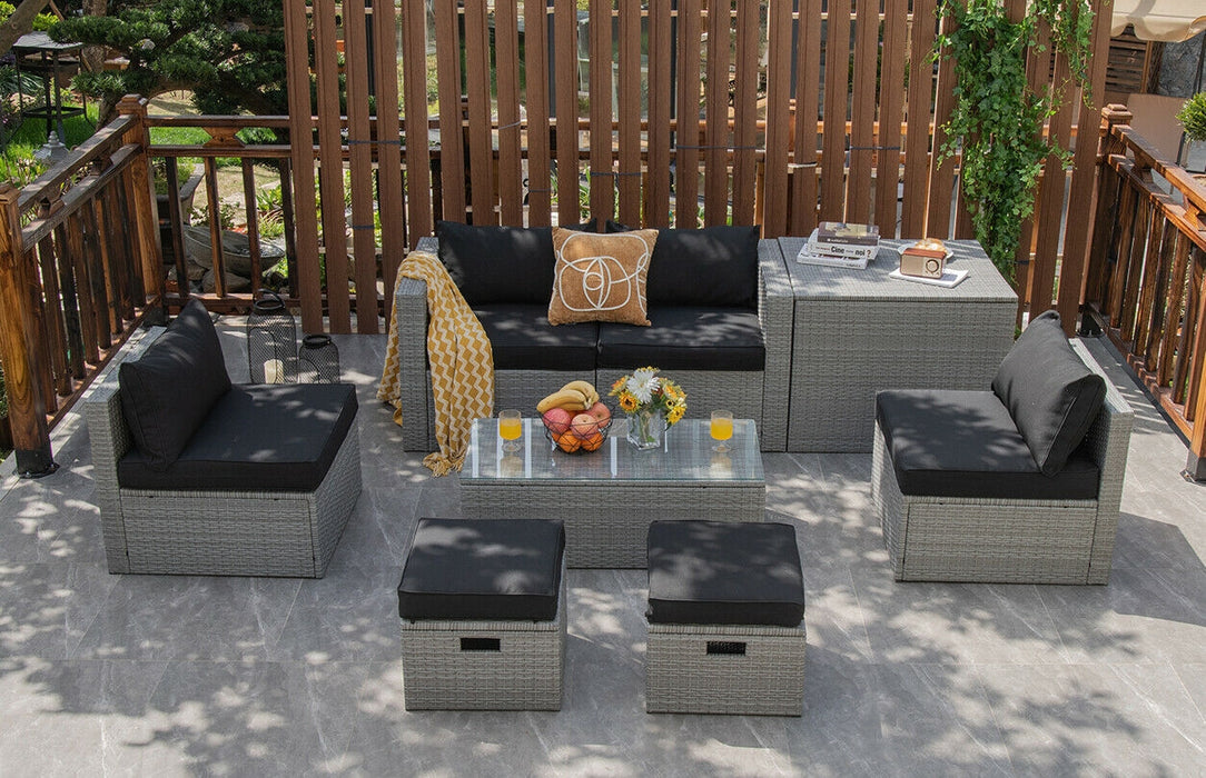 8 Pieces Patio Rattan Furniture Set with Storage Waterproof Cover and Cushion-Black