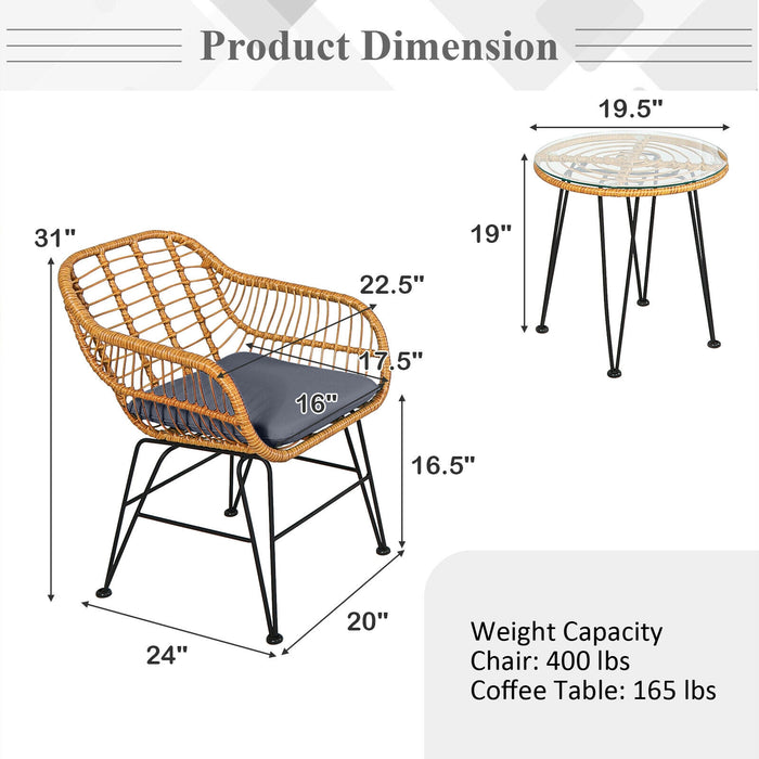 3 Pieces Rattan Furniture Set with Cushioned Chair Table-Gray