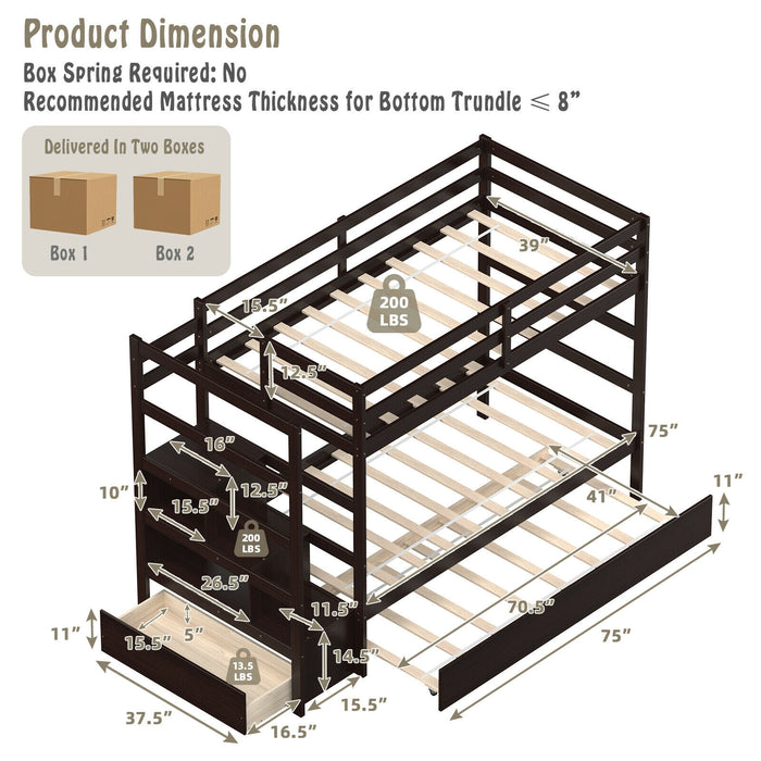 Twin Over Twin Bunk Bed with Storage Shelf and Drawer-Dark Brown