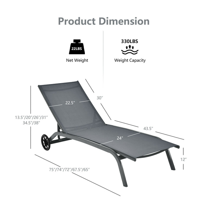 6-Poisition Adjustable Outdoor Chaise Recliner with Wheels-Gray