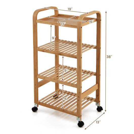 Bamboo Utility Cart with Storage Shelf and Lockable Casters-4-Tier