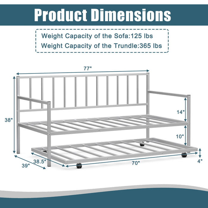 Twin Metal Daybed Sofa Bed Set with Roll Out Trundle-Silver