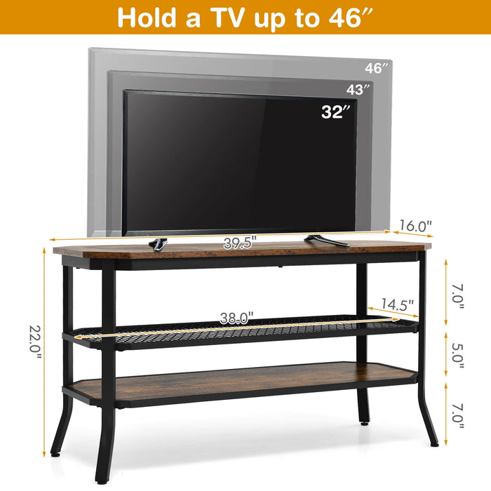 3-tier Console Table TV Stand with Mesh Storage Shelf-Rustic Brown