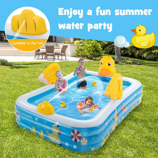 Inflatable Swimming Pool Duck Themed Kiddie Pool with Sprinkler for Age Over 3-Blue