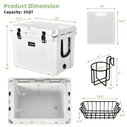 55 Quart Cooler Portable Ice Chest with Cutting Board Basket for Camping