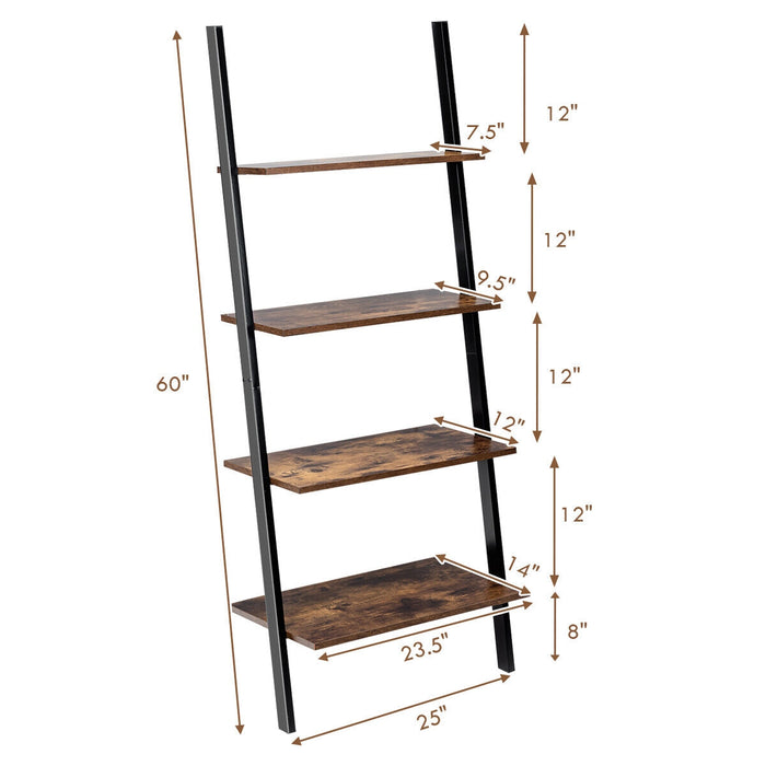 Multipurpose 4-Tier Industrial Leaning Wall Bookcase with Metal Frame-Brown