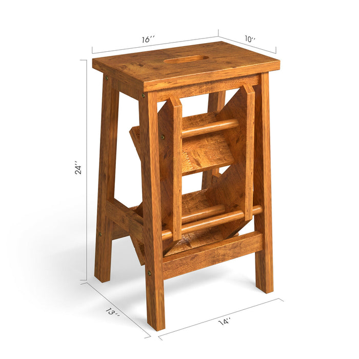 3-in-1 Rubber Wood Step Stool with Convenient Handle-Dark Brown