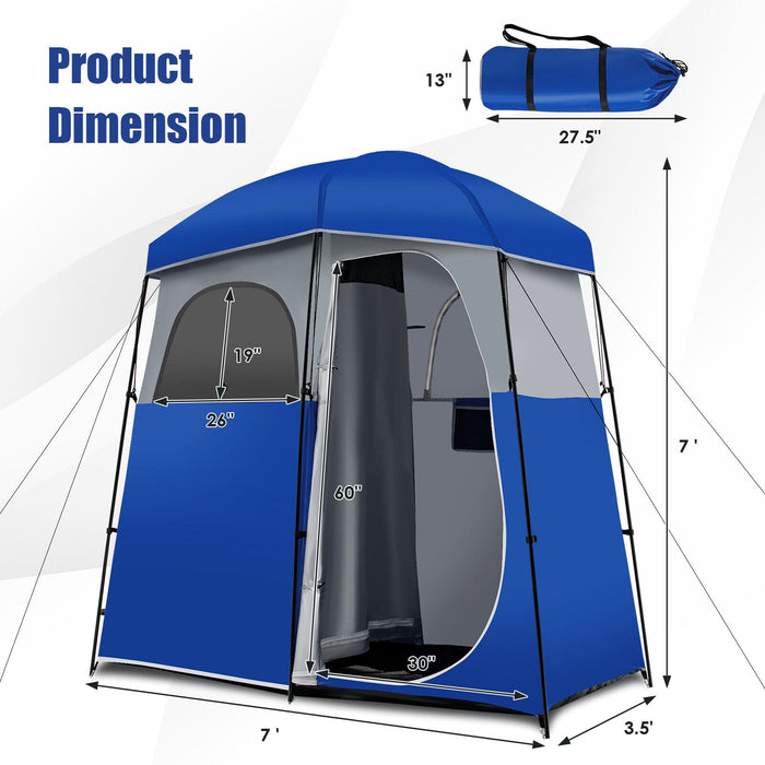 Double-Room Camping Toilet Tent with Floor and Portable Storage Bag-Blue