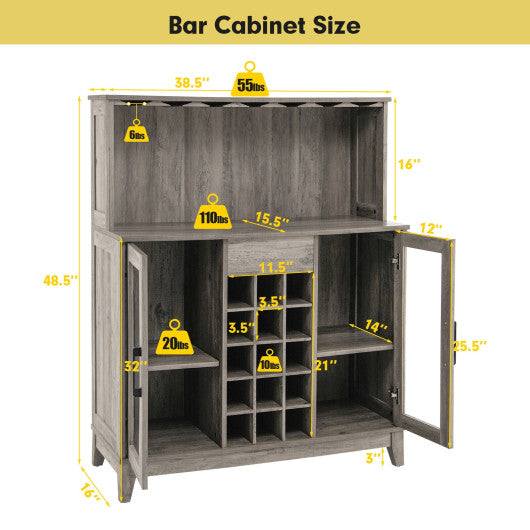 Storage Bar Cabinet with Framed Tempered Glass Door-Gray