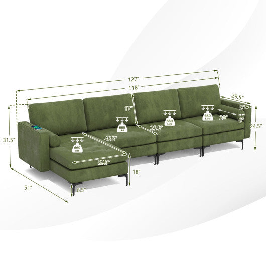 Modular 2-seat/3-Seat/4-Seat L-shaped Sectional Sofa Couch with Reversible Chaise and Socket USB Ports-4-Seat L-shaped