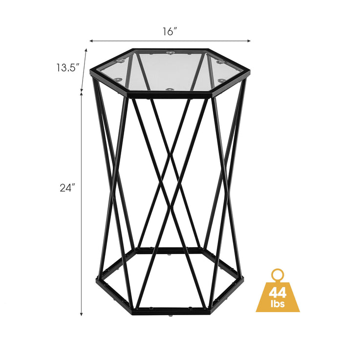 Hexagonal Accent End Table with Tempered Glass Top and Metal Frame