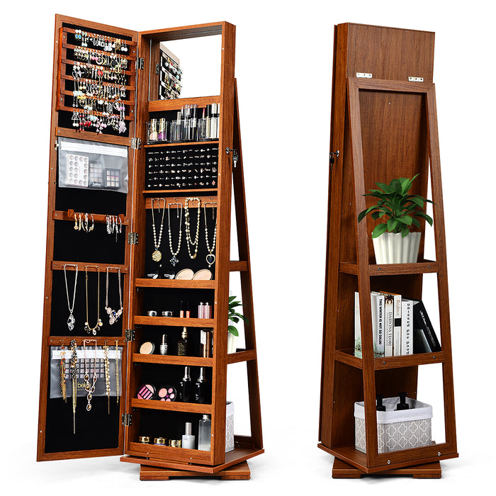 360Â° Rotatable 2-in-1 Lockable Jewelry Cabinet with Full-Length Mirror-Brown