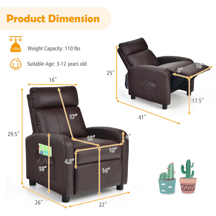 Ergonomic PU Leather Kids Recliner Lounge Sofa for 3-12 Age Group-Brown