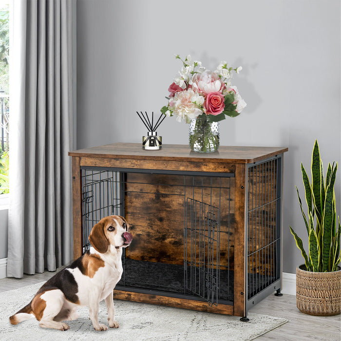 Wooden Dog Crate Furniture with Double Door and Tray-Brown