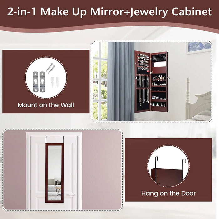 Lockable Wall Door Mounted Mirror Jewelry Cabinet w/LED Lights-Brown