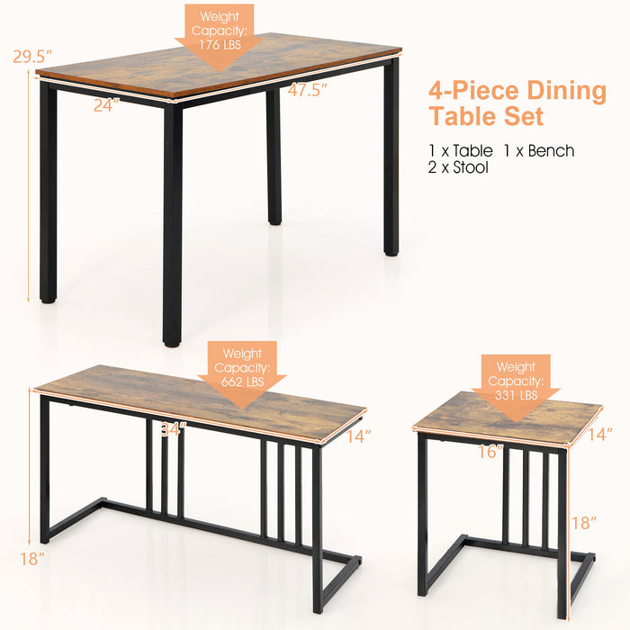 4 Pieces Industrial Dining Table Set with Bench and 2 Stools-Brown