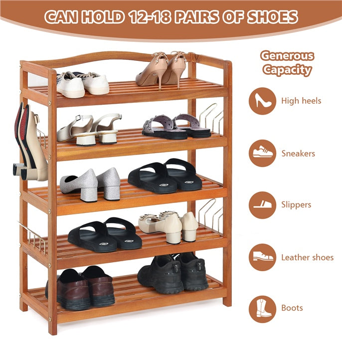 5-Tier Acacia Wood Shoe Rack with Side Metal Hooks