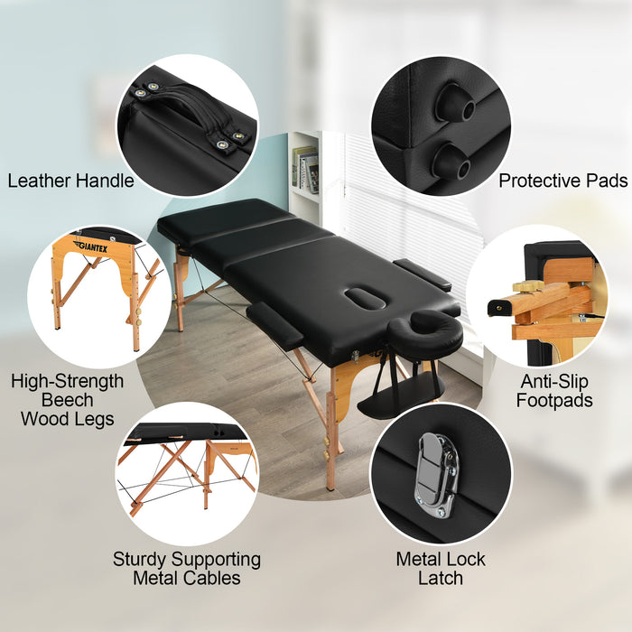 3 Fold Portable Adjustable Massage Table with Carry Case-Black