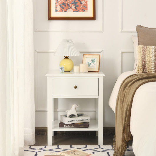 Nightstand End Table with Drawer and Shelf-White