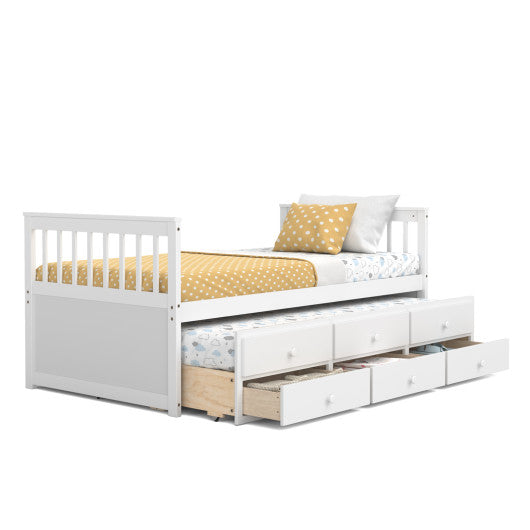 Twin Captainâ€™s Bed with Trundle and 3 Storage Drawers-White