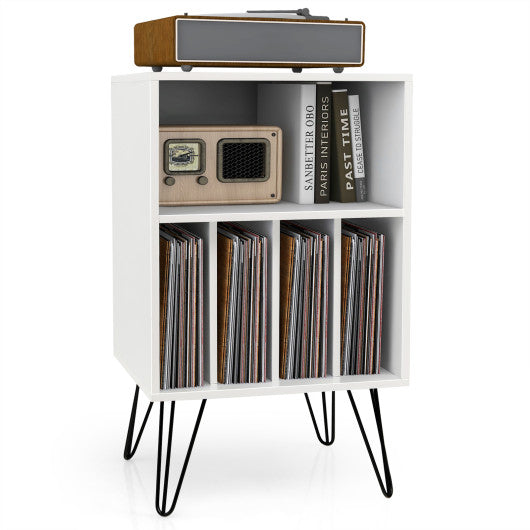 Freestanding Record Player Stand Record Storage Cabinet with Metal Legs-White