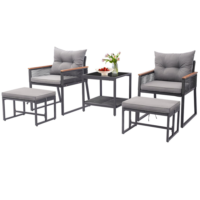 5 Piece Outdoor Rattan Conversation Set with 2-Layer Side Table and 2 Ottomans-Gray