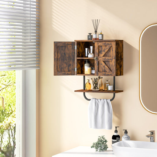 2-Door Bathroom Wall-Mounted Medicine Cabinet with Open Shelf and Towel Rack-Rustic Brown